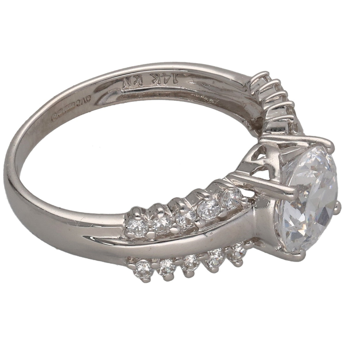 14ct White Gold Cubic Zirconia Single Stone Ring With Accents Size K