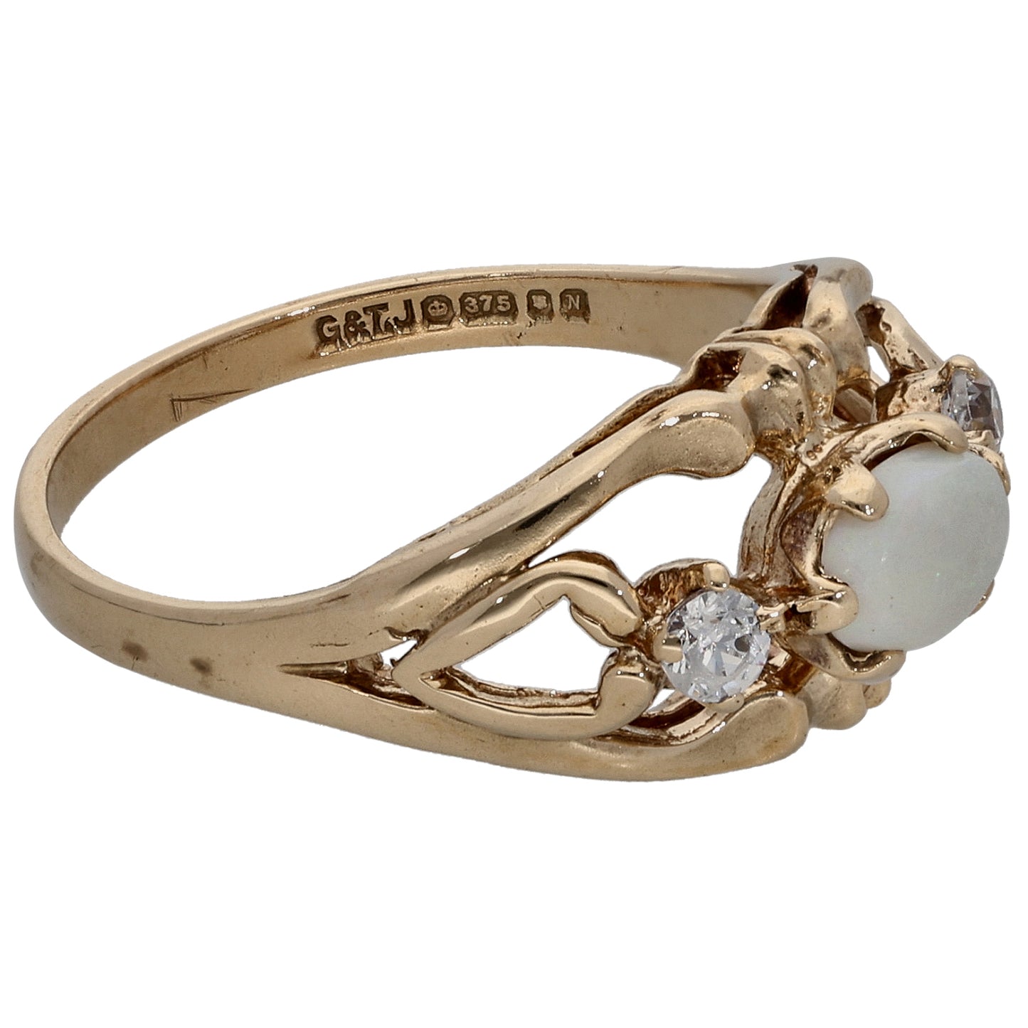 9ct Gold Opal & Cubic Zirconia Trilogy Ring Size L