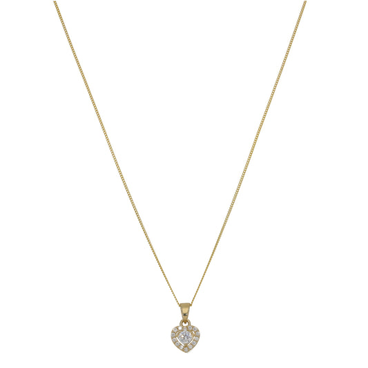 New 9ct Gold Cubic Zirconia Halo 7.35mm Heart Pendant with Chain 18"