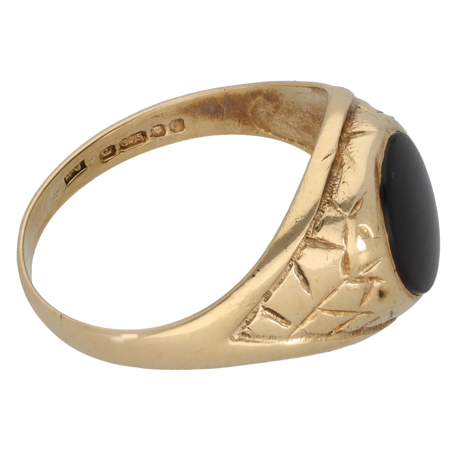 9ct Gold Onyx Patterned Signet Ring Size R