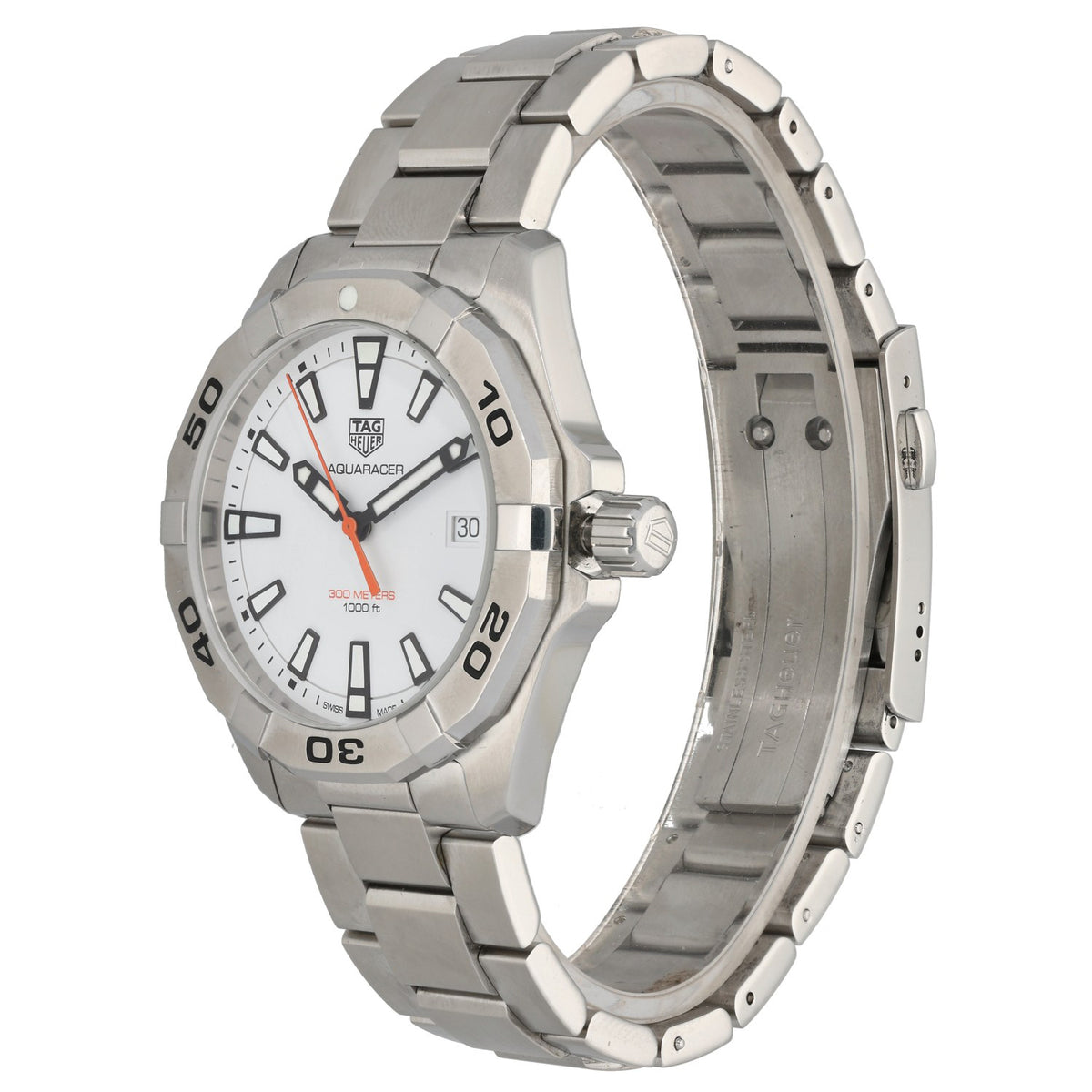 Stainless steel Tag Heuer Aquaracer WBD1111 watch, side view with white dial and minute-mark bezel