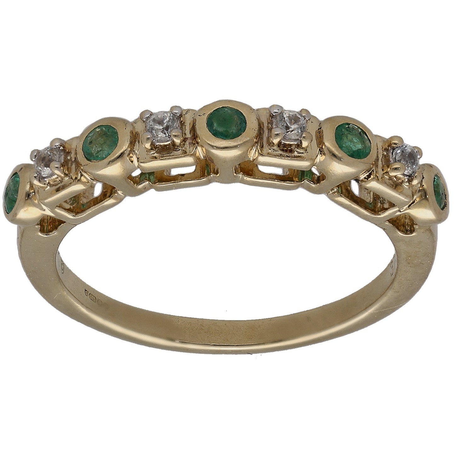 9ct gold half-eternity ring, green emerald-look stones and clear stones, size L