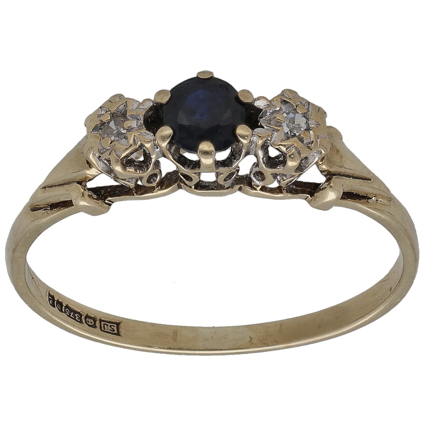 9ct gold sapphire and diamond three-stone ring with round dark blue center stone