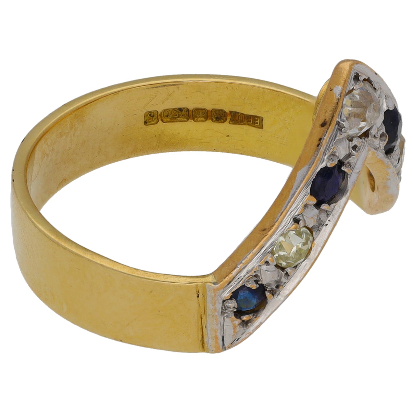 18ct Gold Sapphire & 0.15ct Diamond Wishbone Ring Size N