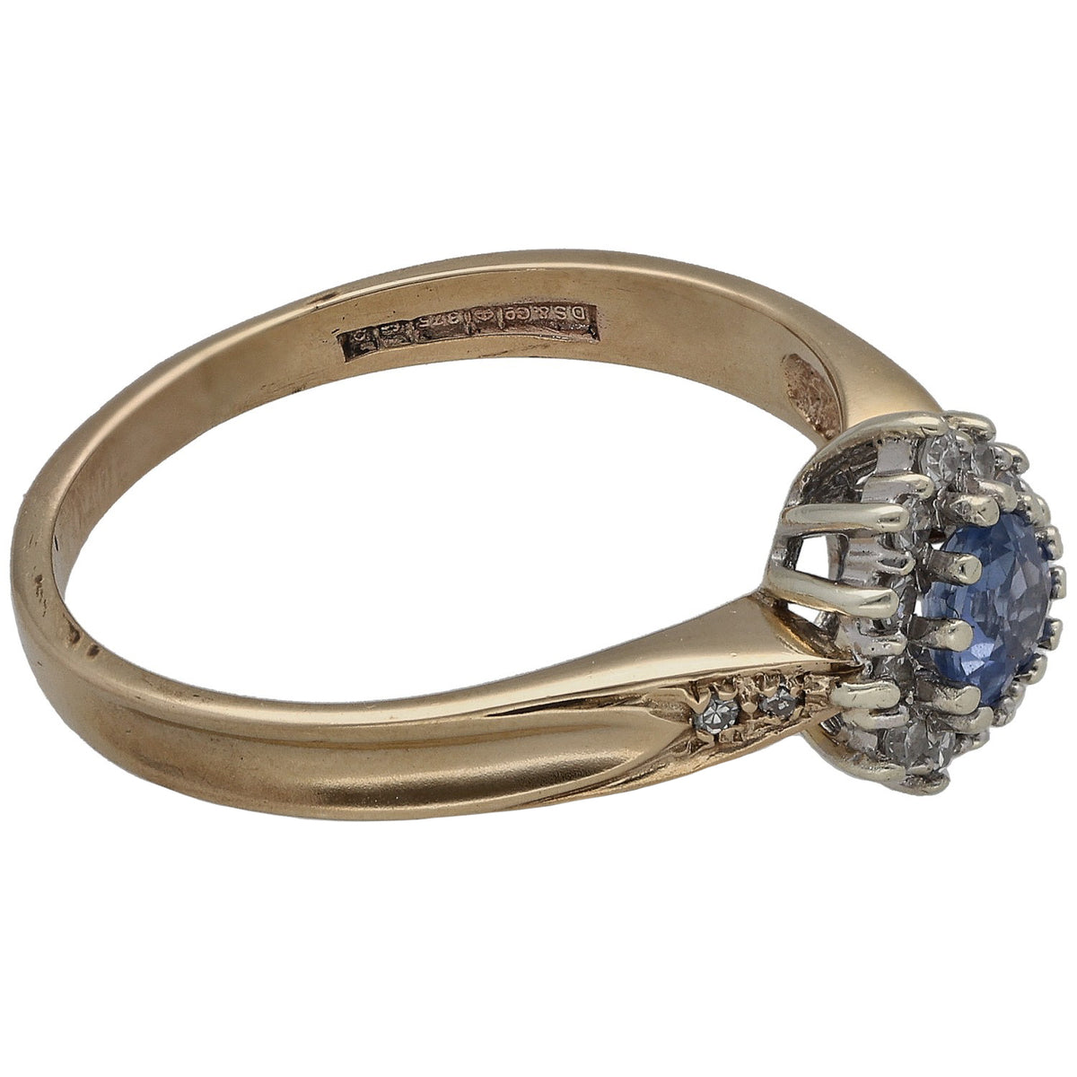 9ct gold ring with sapphire and diamond halo, diamond-set shoulders