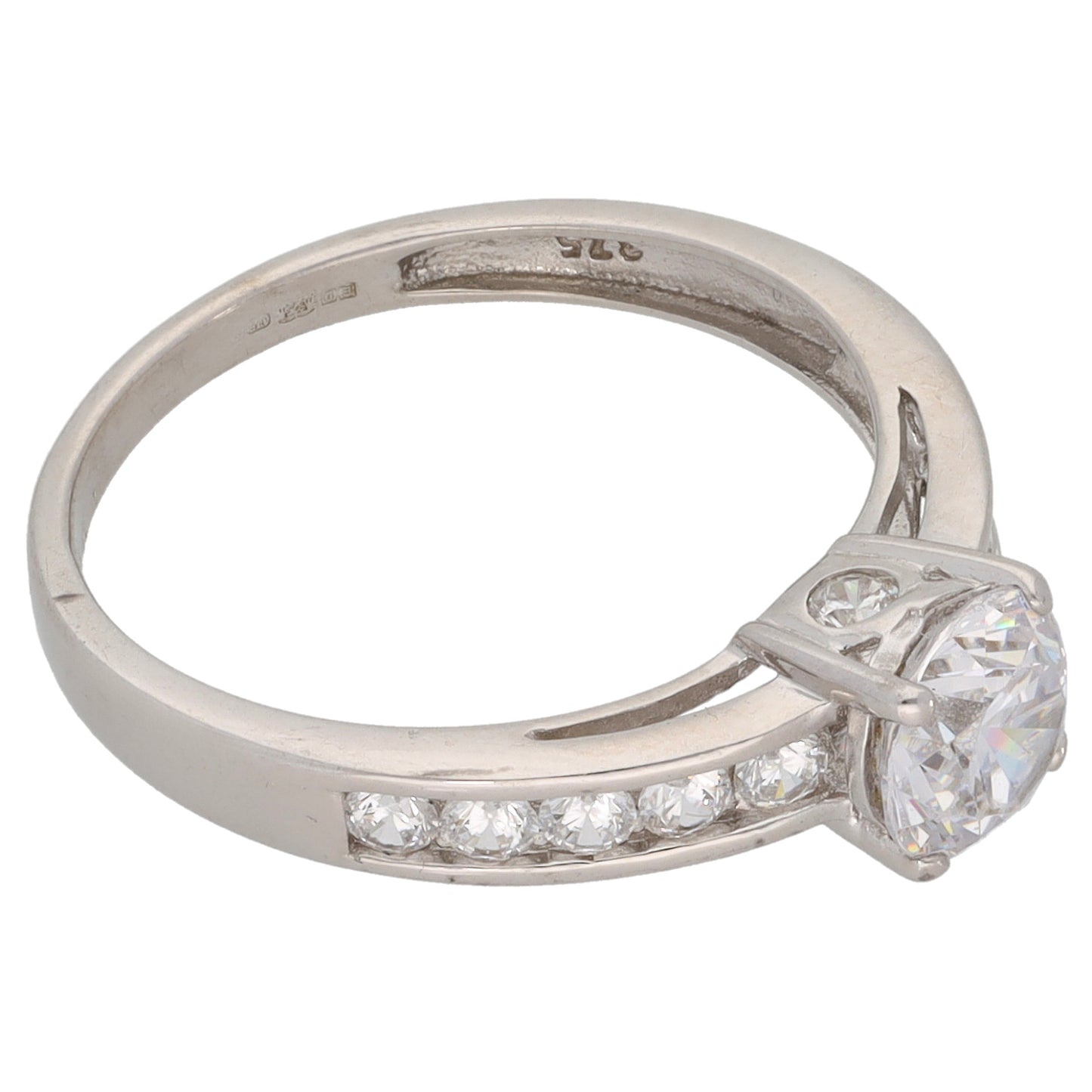 9ct White Gold Cubic Zirconia Single Stone Ring with Accent Stones Size M