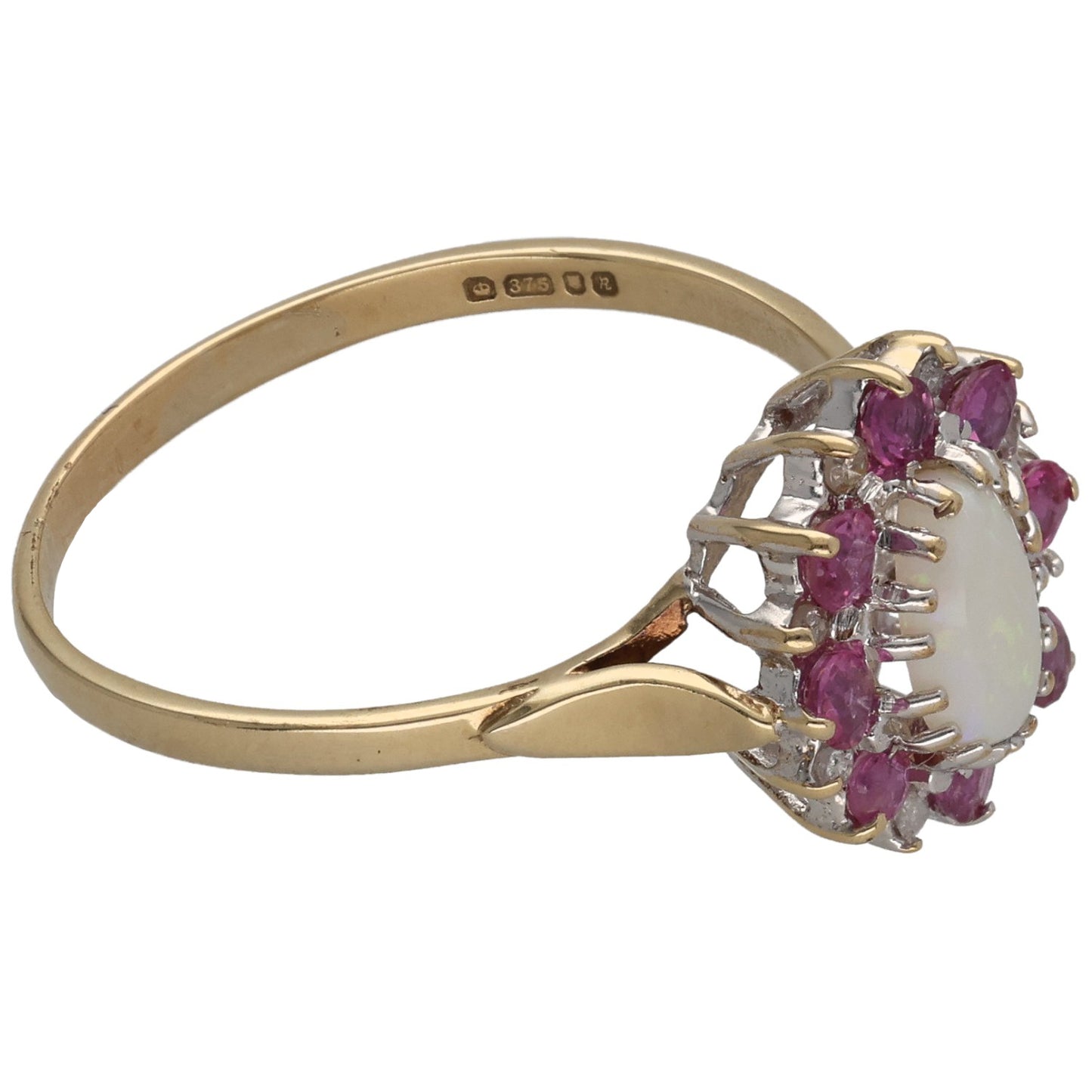 9ct Gold Opal, Ruby & 0.08ct Diamond Dress/Cocktail Ring Size S
