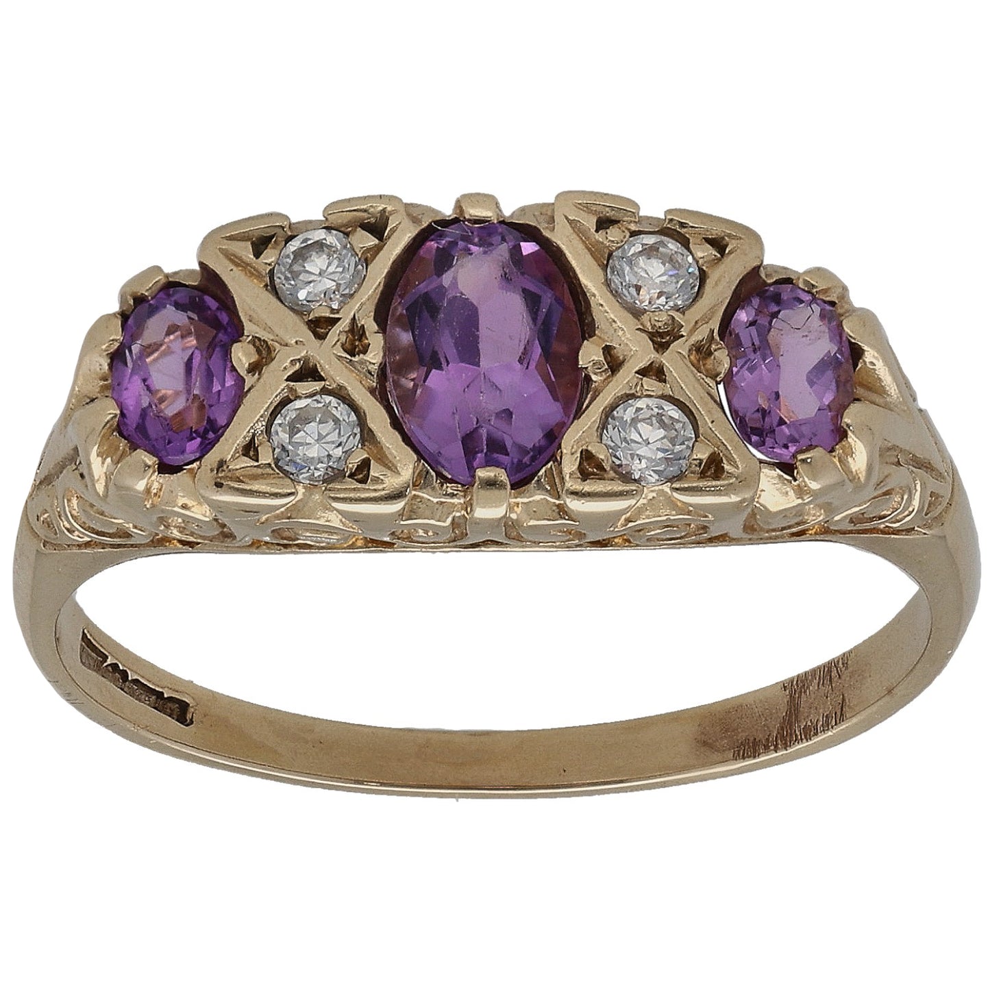 Gold dress ring with oval amethyst center, purple stones and round CZ accents