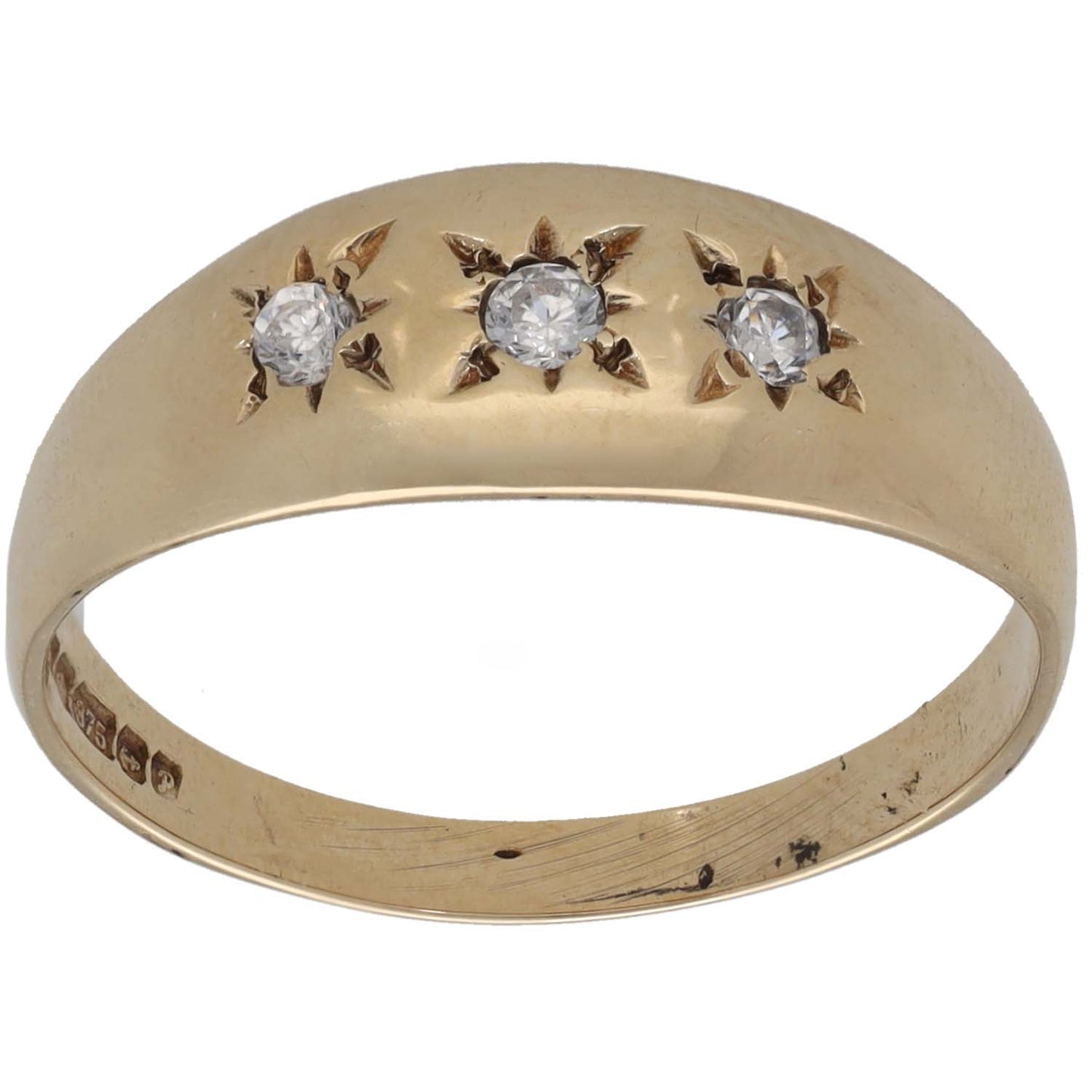 9ct gold three-stone CZ ring with three round stones in star prong settings