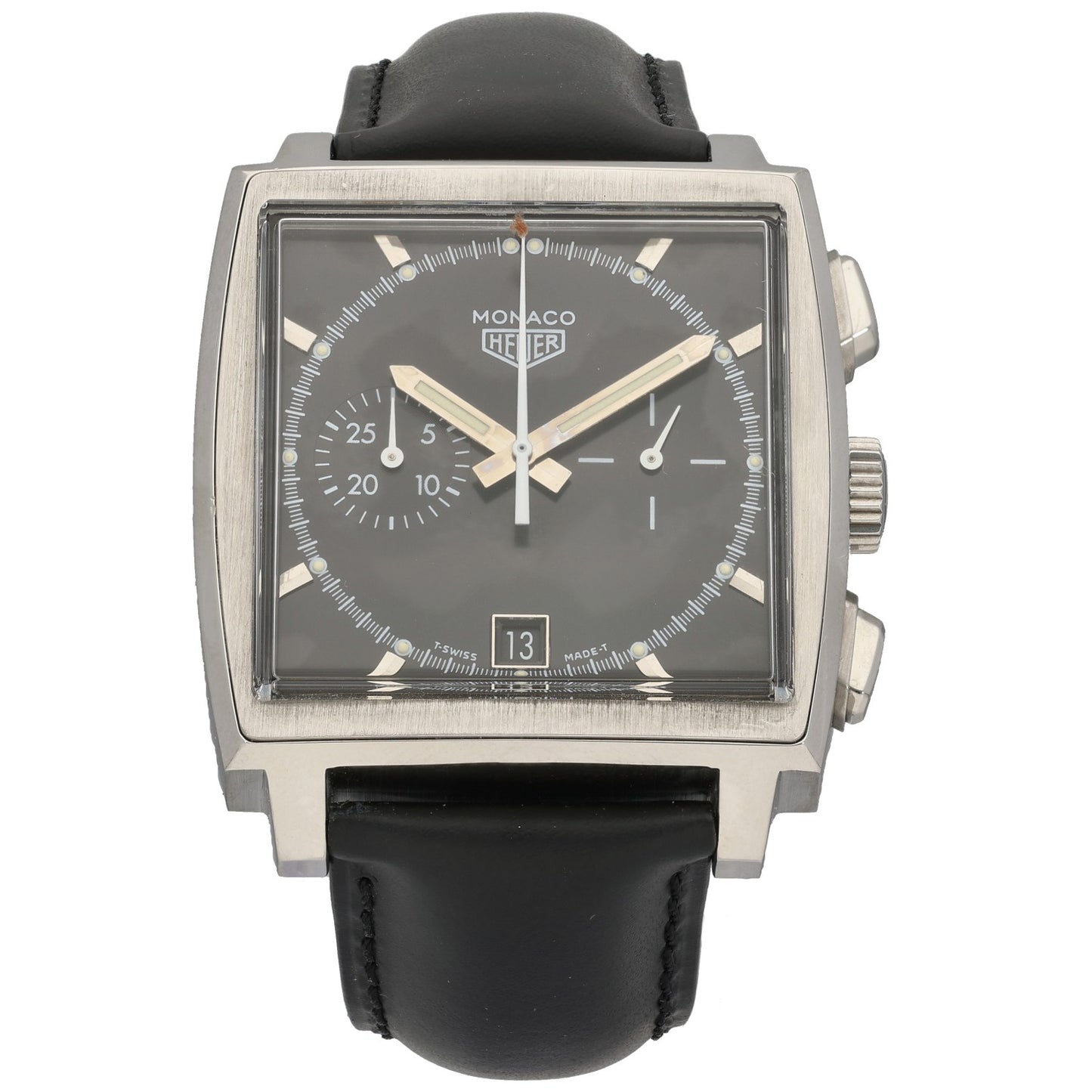 Tag Heuer Monaco CS2110 stainless steel watch, black dial and black leather strap, rectangular case