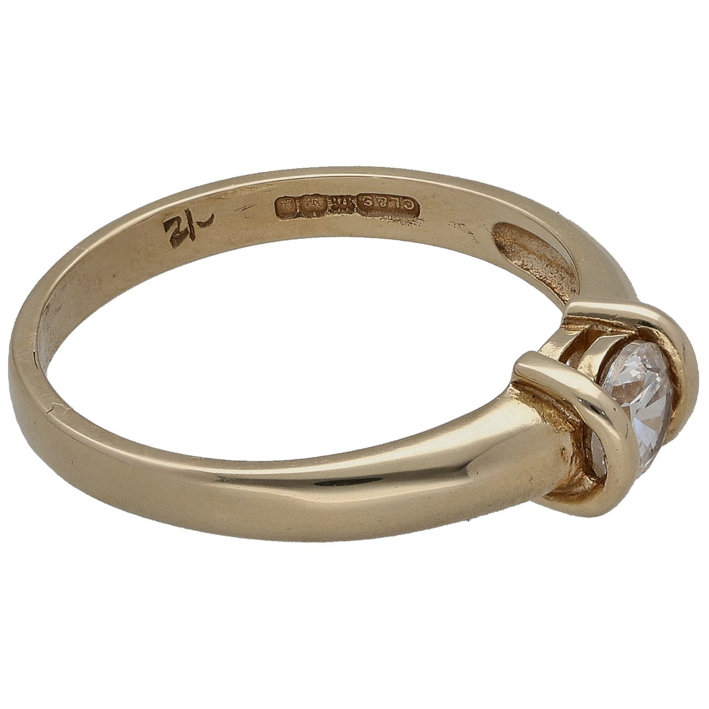 Gold-tone CZ single-stone ring, side view with central prong setting and textured band