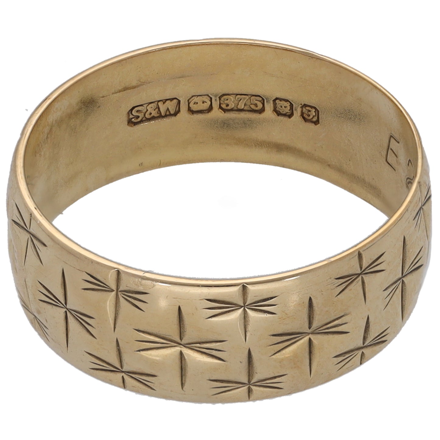 9ct yellow gold wedding ring, size M, geometric star pattern; inner hallmarks