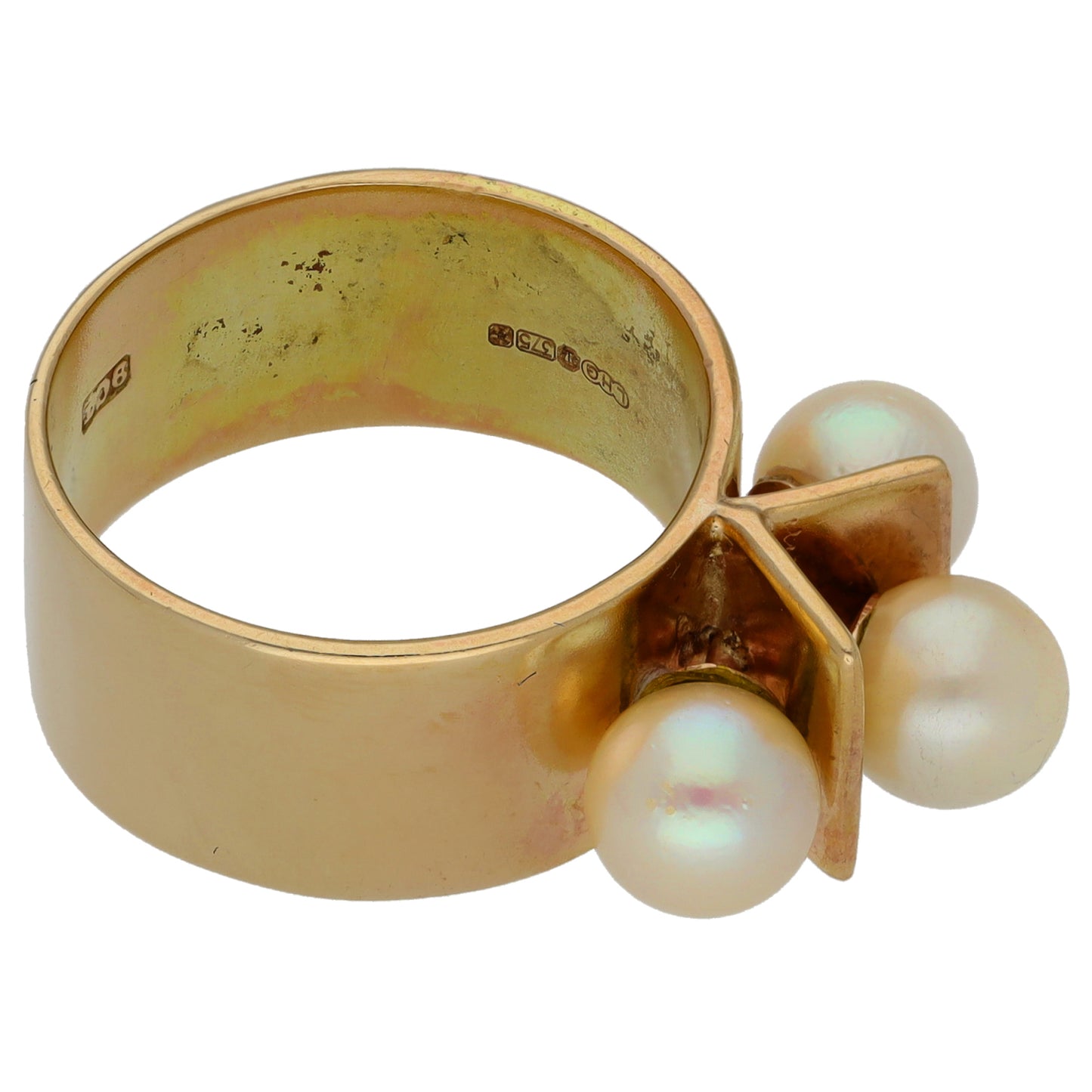 9ct Gold Cultured Pearl Trilogy Ring Size L