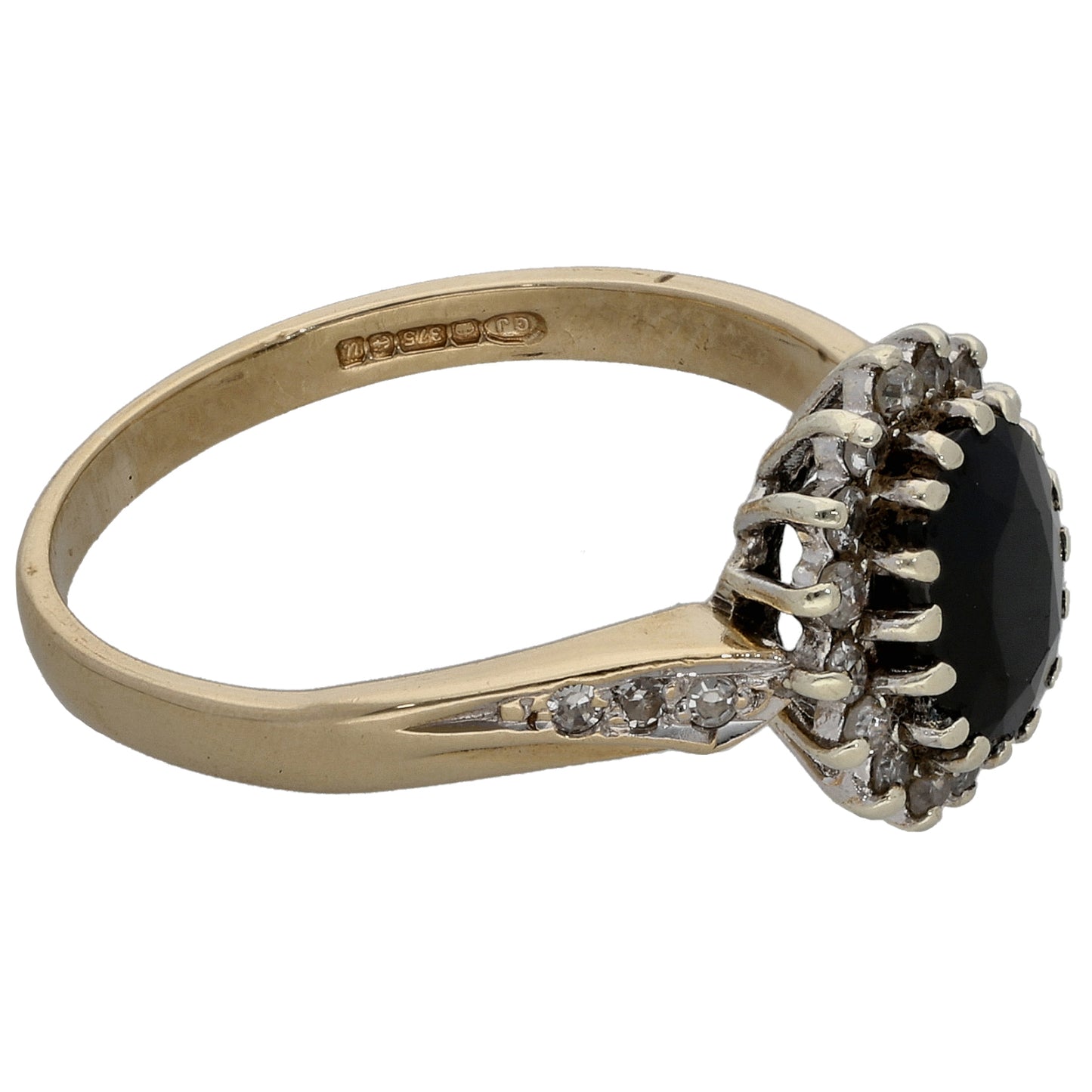 9ct Gold Sapphire & 0.22ct Diamond Cluster Ring Size O