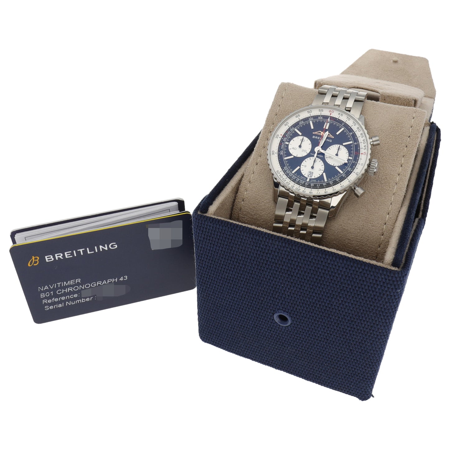 Breitling Navitimer B01 AB0138 Stainless steel chronograph watch on a tan leather strap in a blue accessory pouch