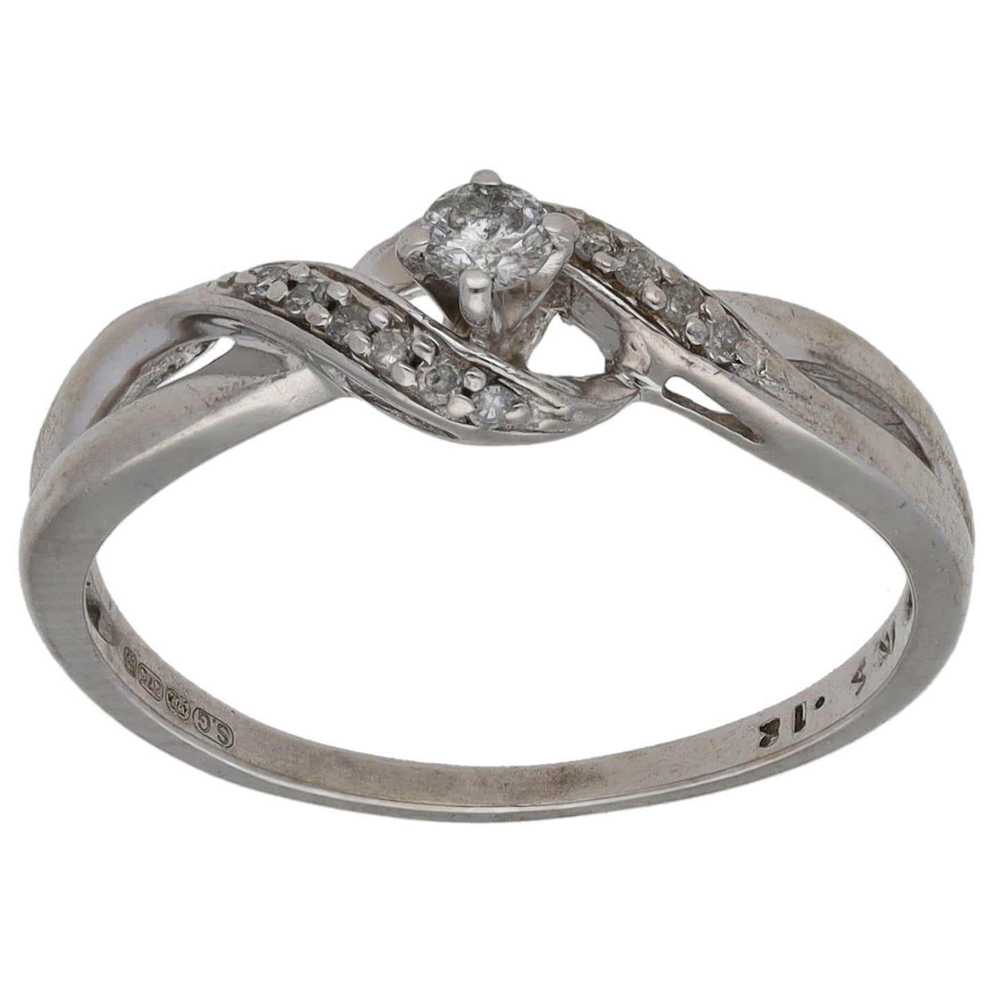 9ct White Gold 0.12ct Diamond Solitaire Ring With Accent Stones Size M