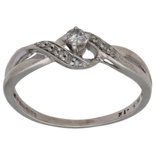 9ct White Gold 0.12ct Diamond Solitaire Ring With Accent Stones Size M