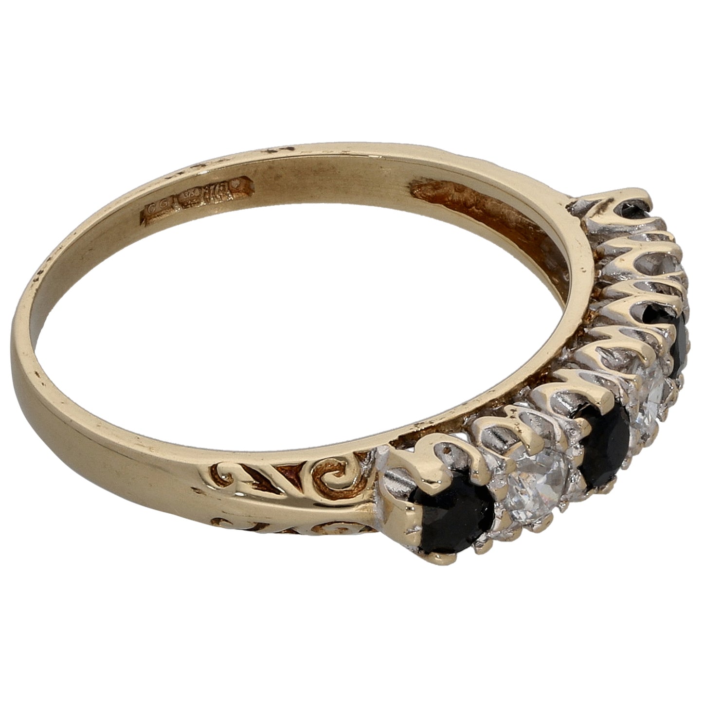 9ct Gold Sapphire & Cubic Zirconia Half Eternity Ring Size N