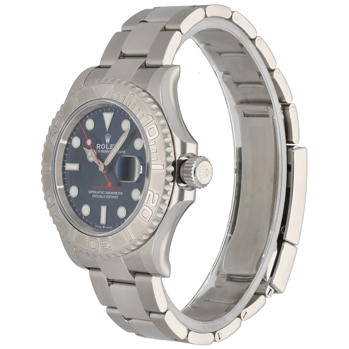 Rolex Yacht Master 126622 platinum watch side profile with blue dial and numbered bezel