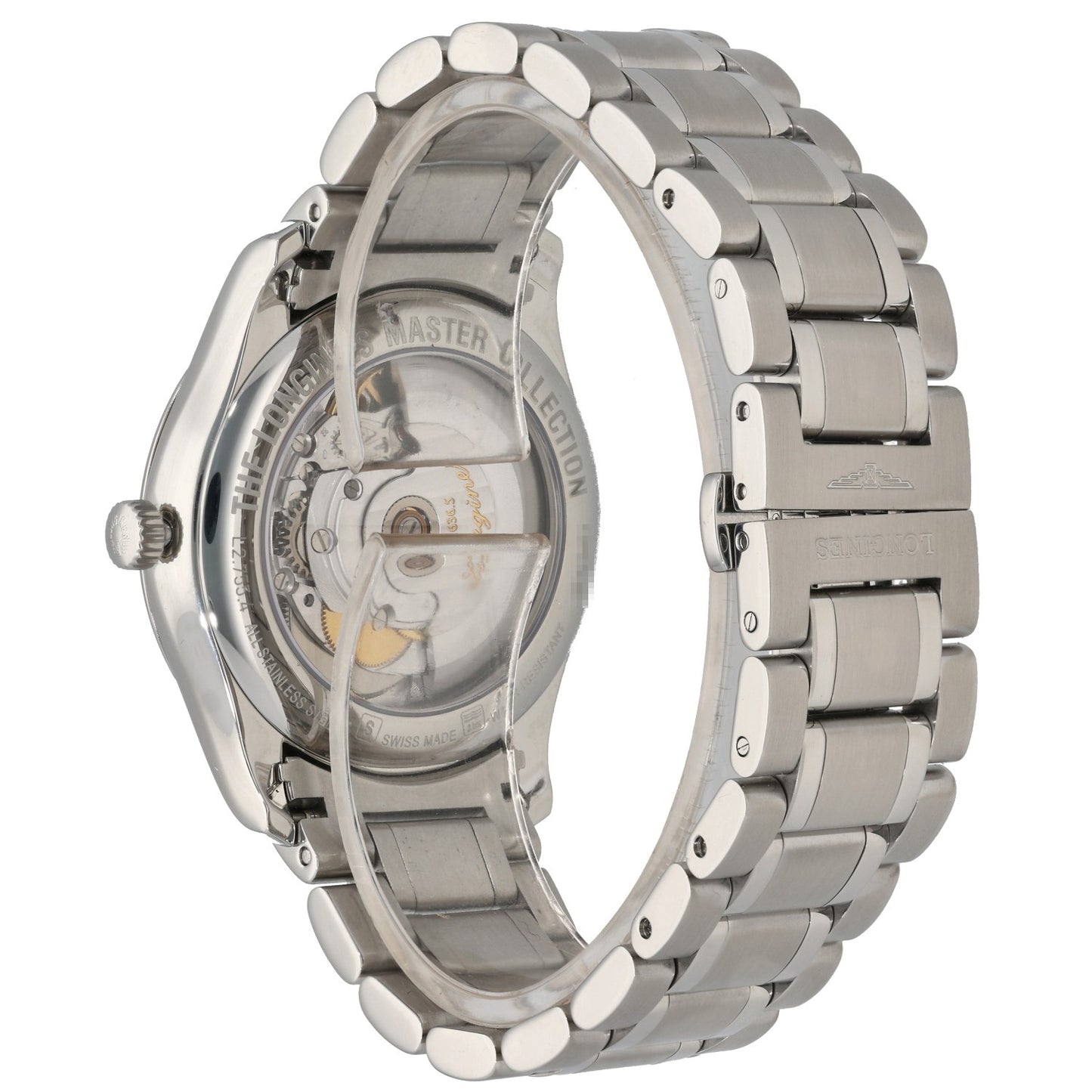 Longines Master Collection L2.755.4, with open case inside a 38.5mm stainless steel case and link bracelet