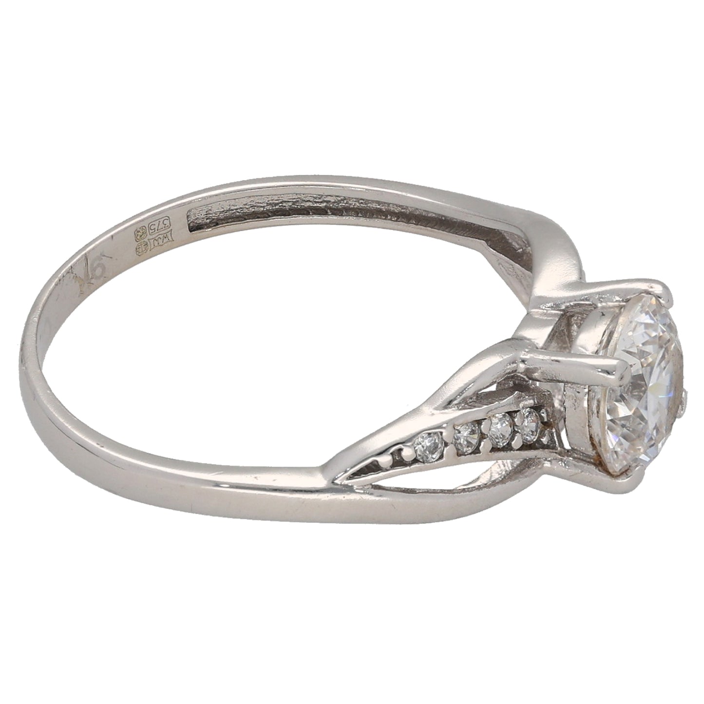 9ct White Gold Cubic Zirconia Single Stone Ring with Accent Stones Size O