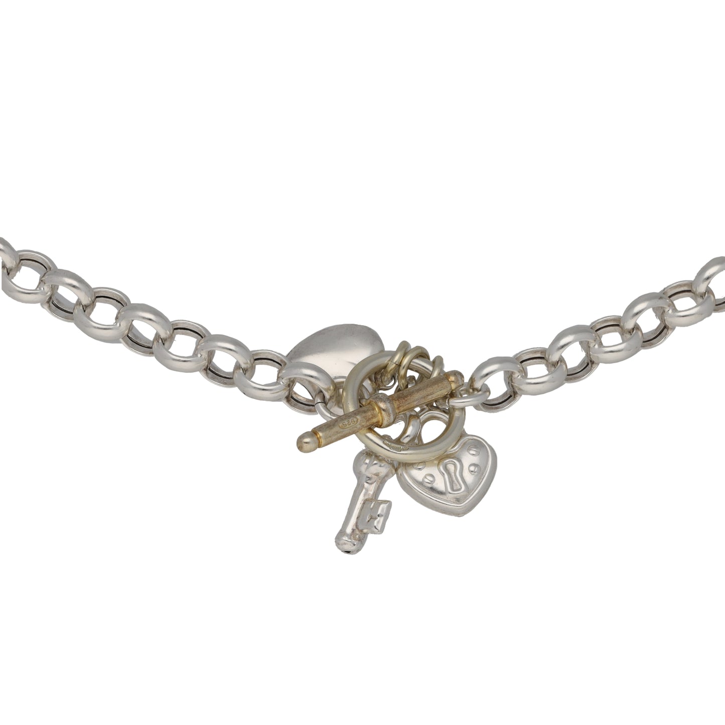Sterling silver belcher chain with heart and key charms