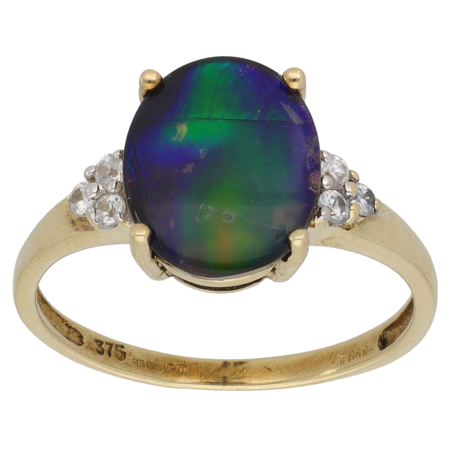9ct Gold Ammolite & Imitation Single Stone Ring with Accent Stones Size N
