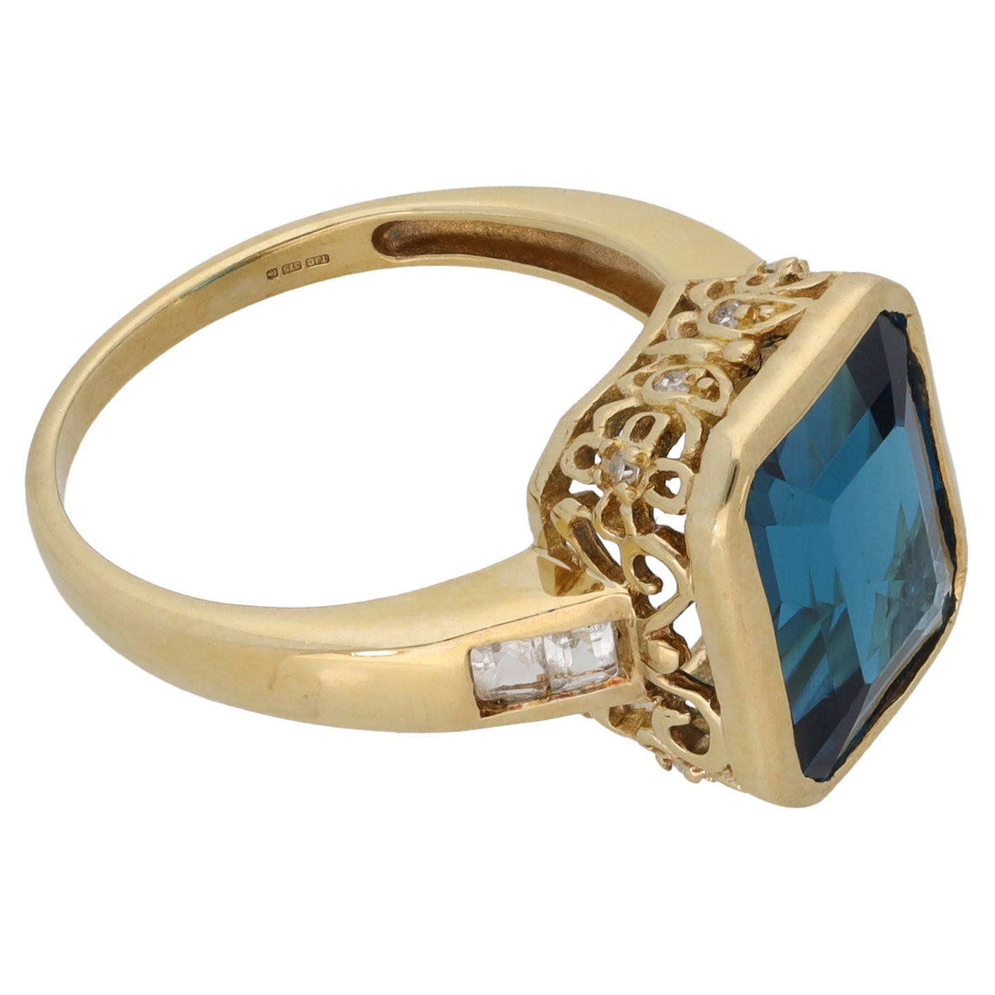 9ct Gold Coated Topaz & White Topaz Single Stone Ring with Accent Stones Size N