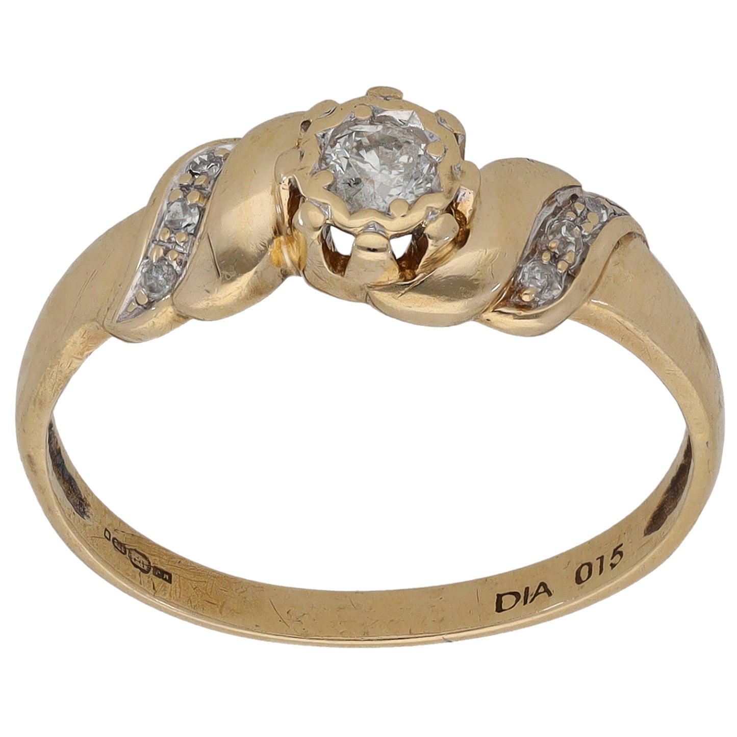 9ct Gold 0.15ct Diamond Solitaire Ring With Accent Stones Size P
