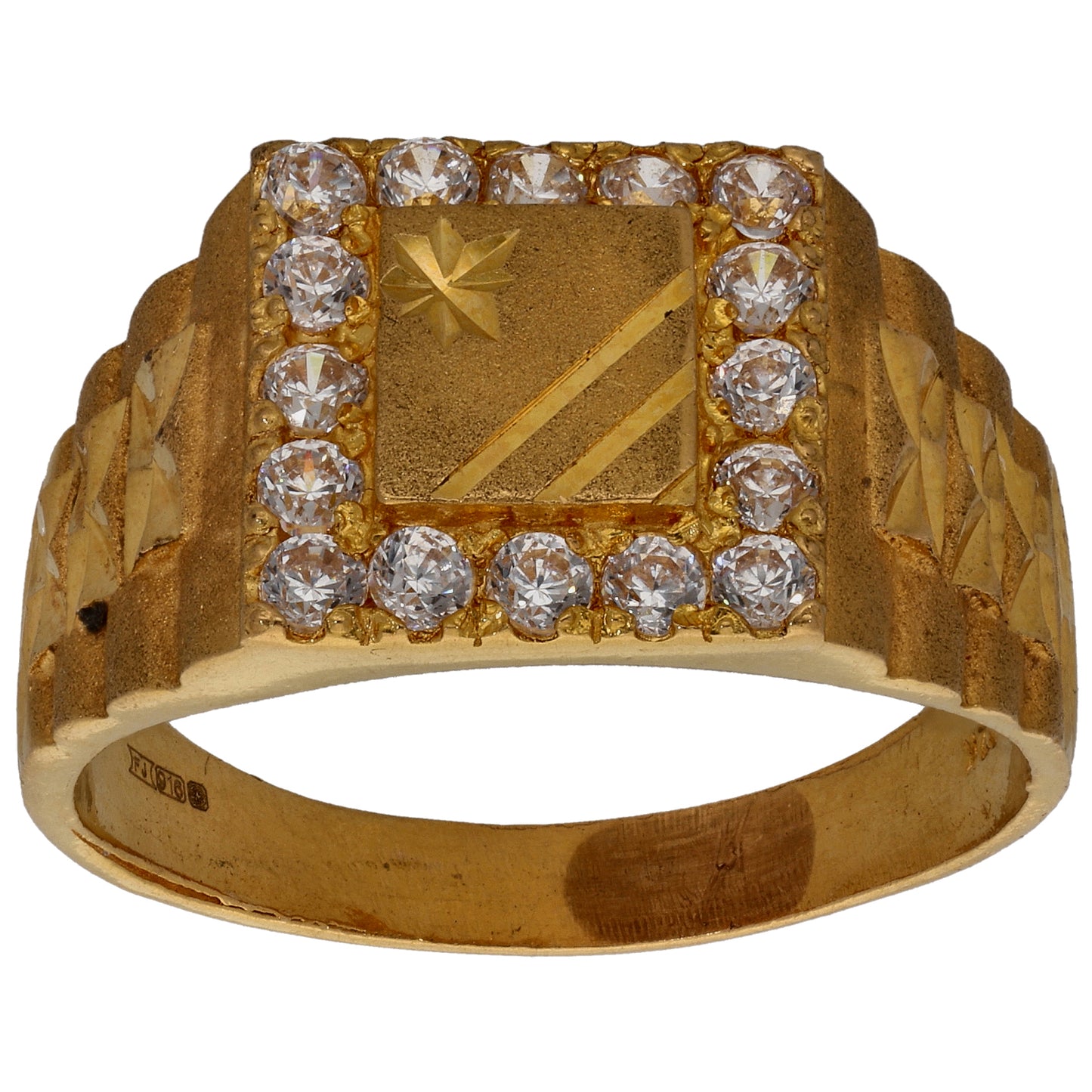 22ct Gold Cubic Zirconia Patterned Signet Ring Size W