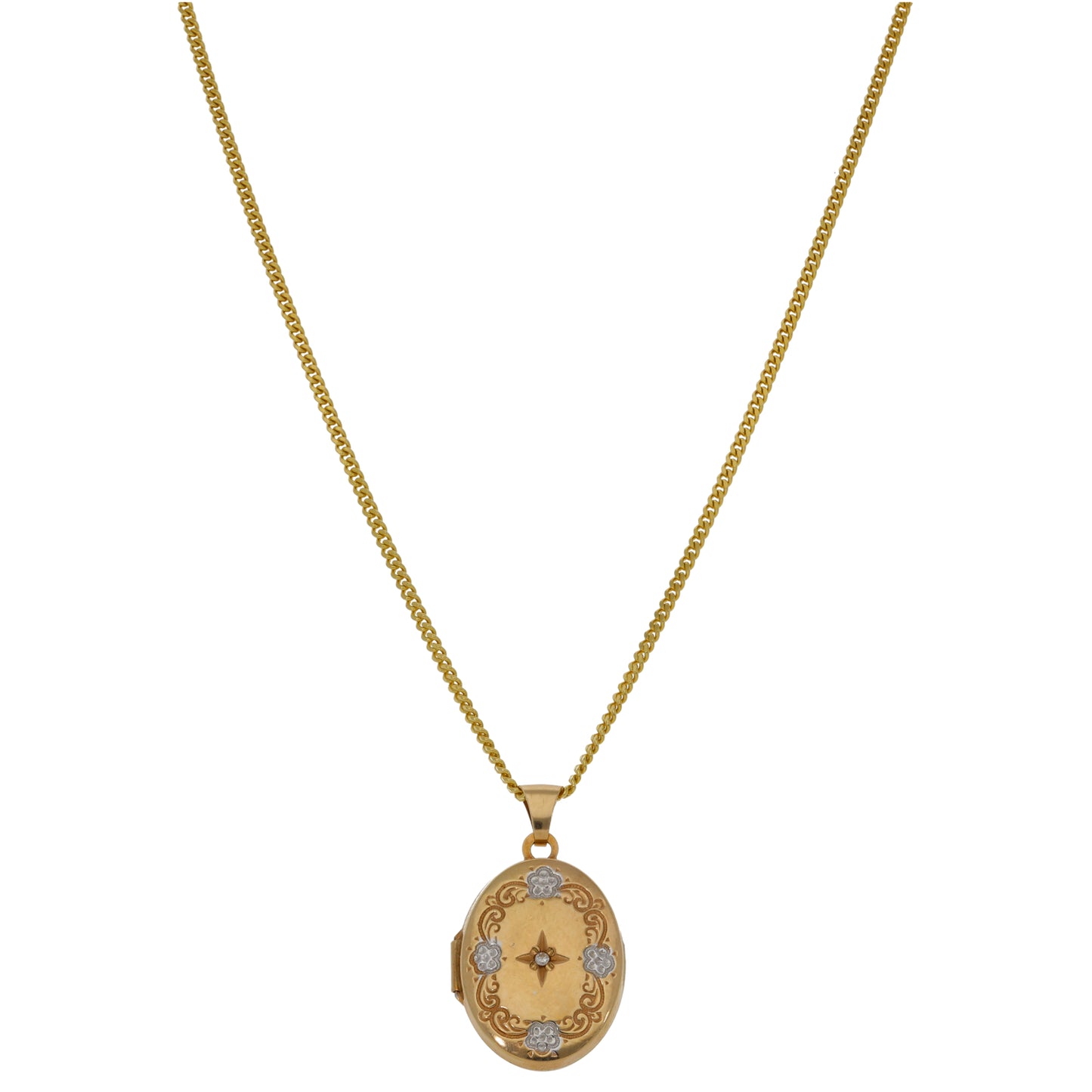 9ct Gold 0.01ct Diamond Patterned Locket Pendant With Chain