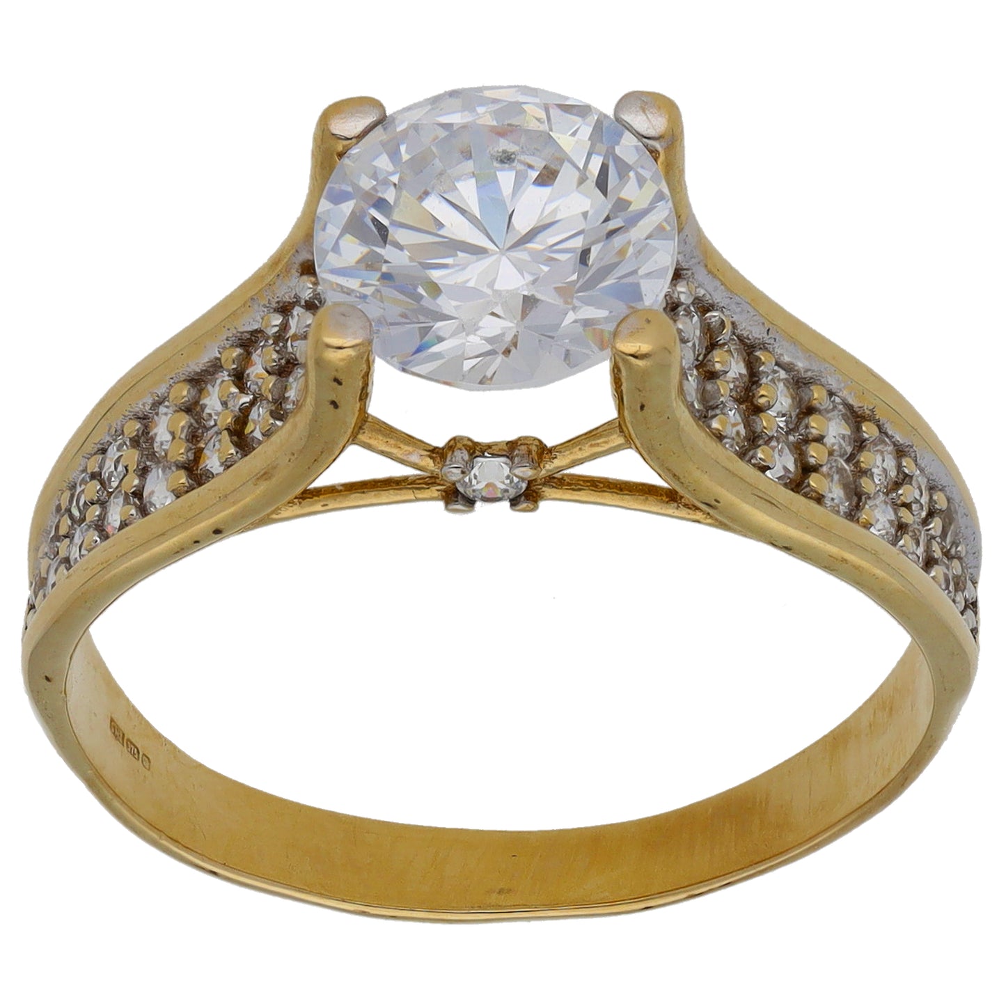 9ct Gold Cubic Zirconia Single Stone Ring with Accent Stones Size P