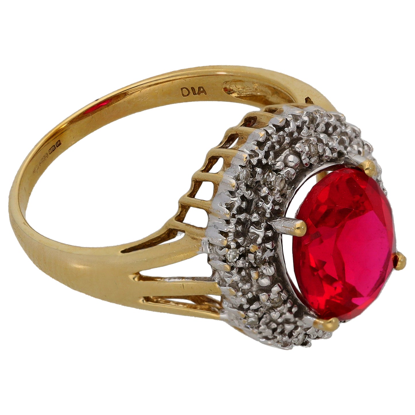 9ct Bicolour Gold Man Made Ruby & 0.07ct Diamond Dress/Cocktail Ring Size P