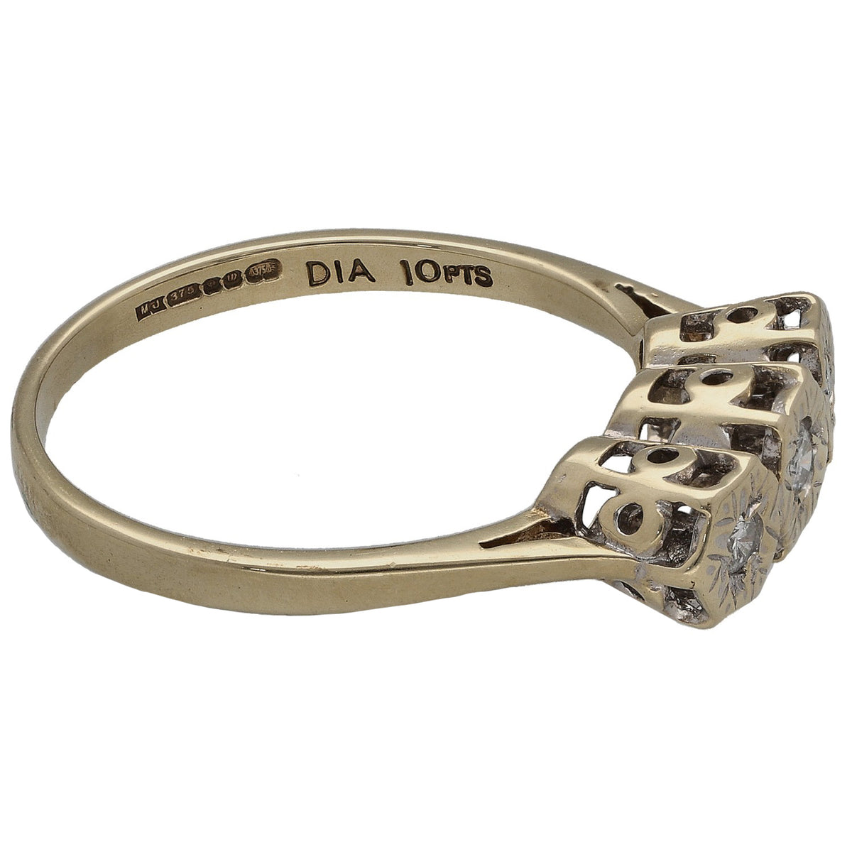 9ct gold diamond ring side view, round center stone, pronged setting; band hallmark