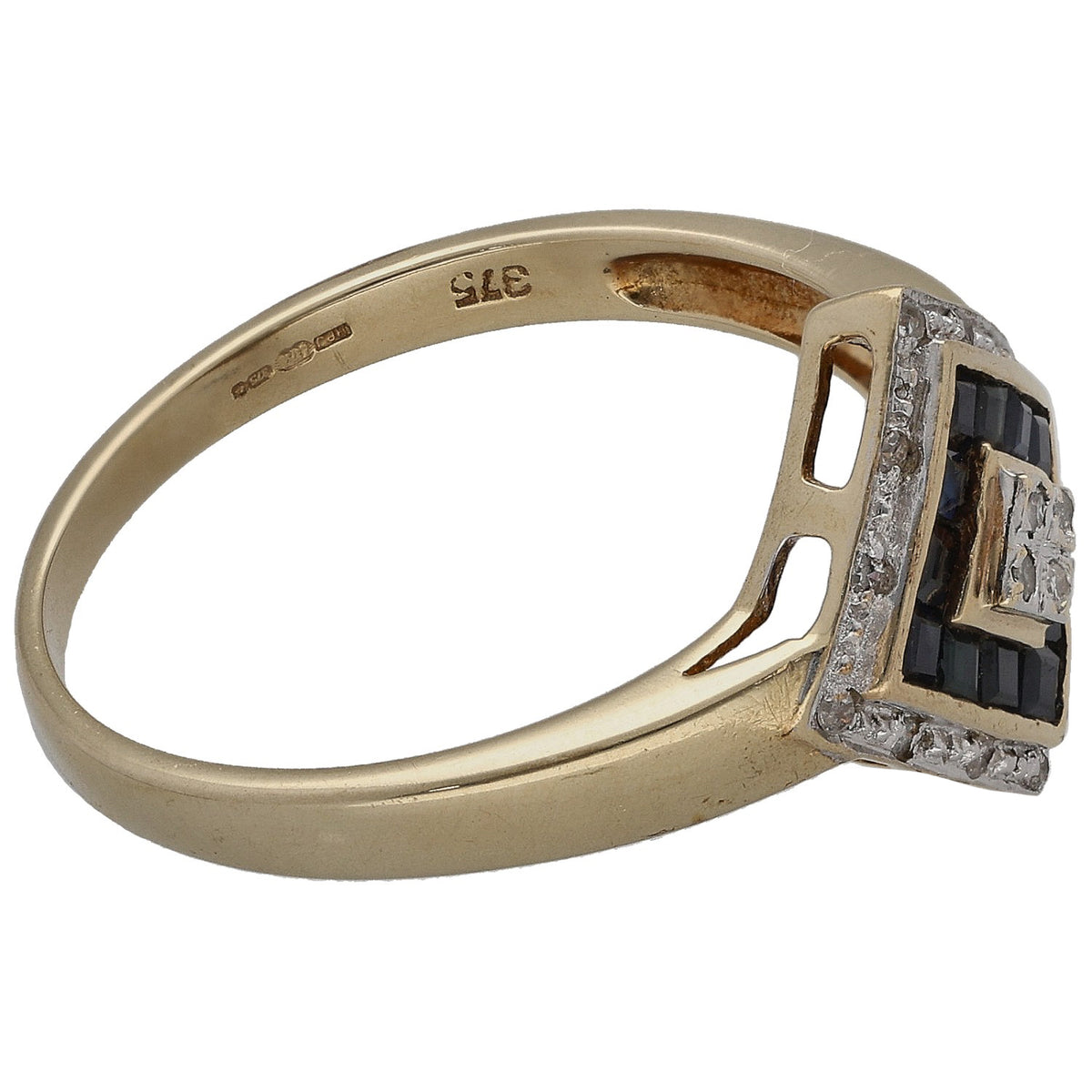 9ct gold ring band with square sapphire setting and diamond side border, stamped 375