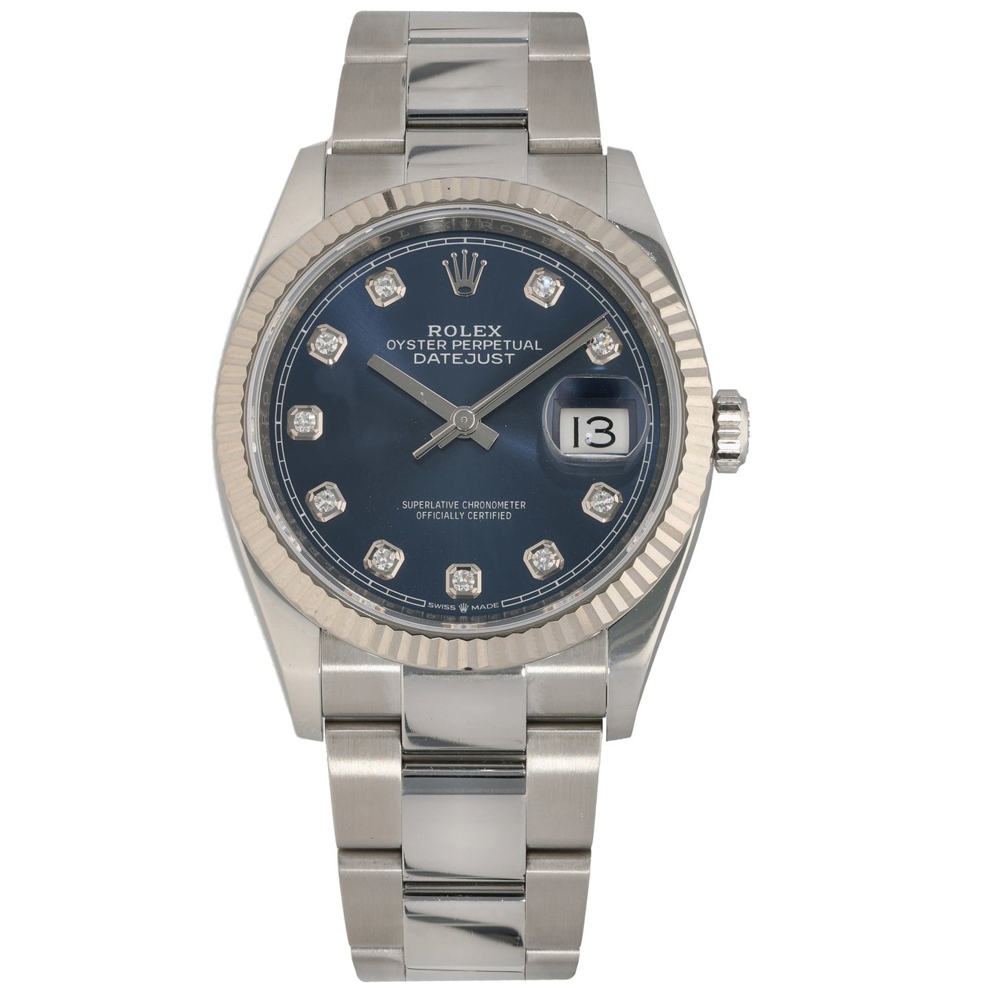 Stainless steel Rolex Oyster Perpetual 126234 watch, blue dial with date window at 3 o'clock