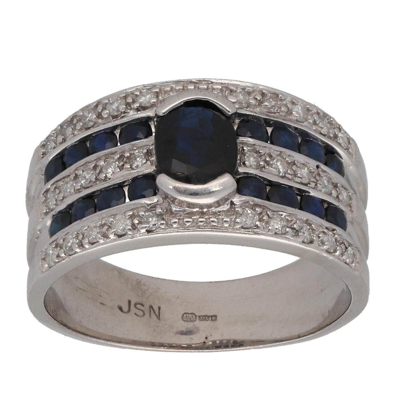 9ct White Gold Sapphire & 0.22ct Diamond Dress/Cocktail Ring Size L