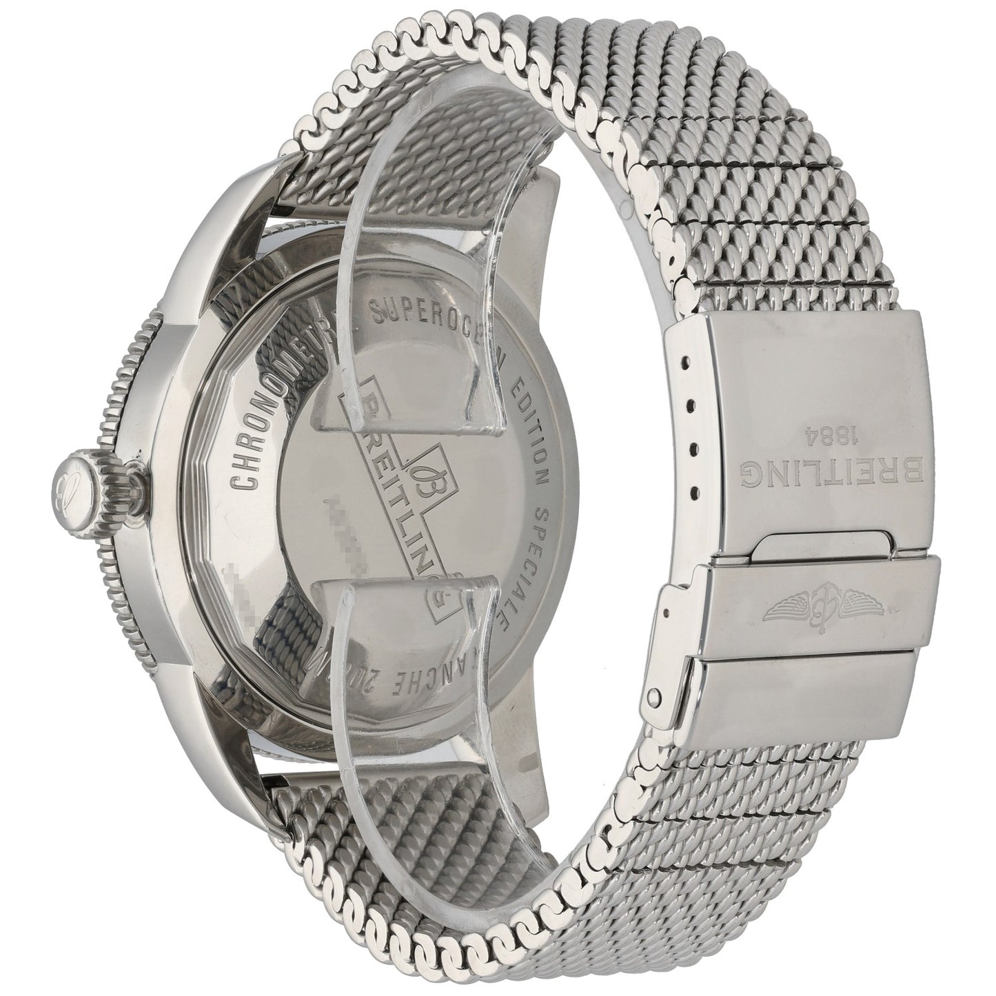 Breitling Superocean AB2020 Stainless steel diver watch caseback and metal mesh bracelet, showing engraved back cover