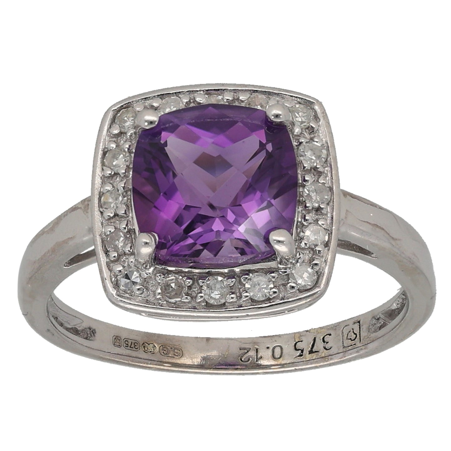 9ct White Gold Amethyst & 0.12ct Diamond Solitaire Ring With Accent Stones Size K
