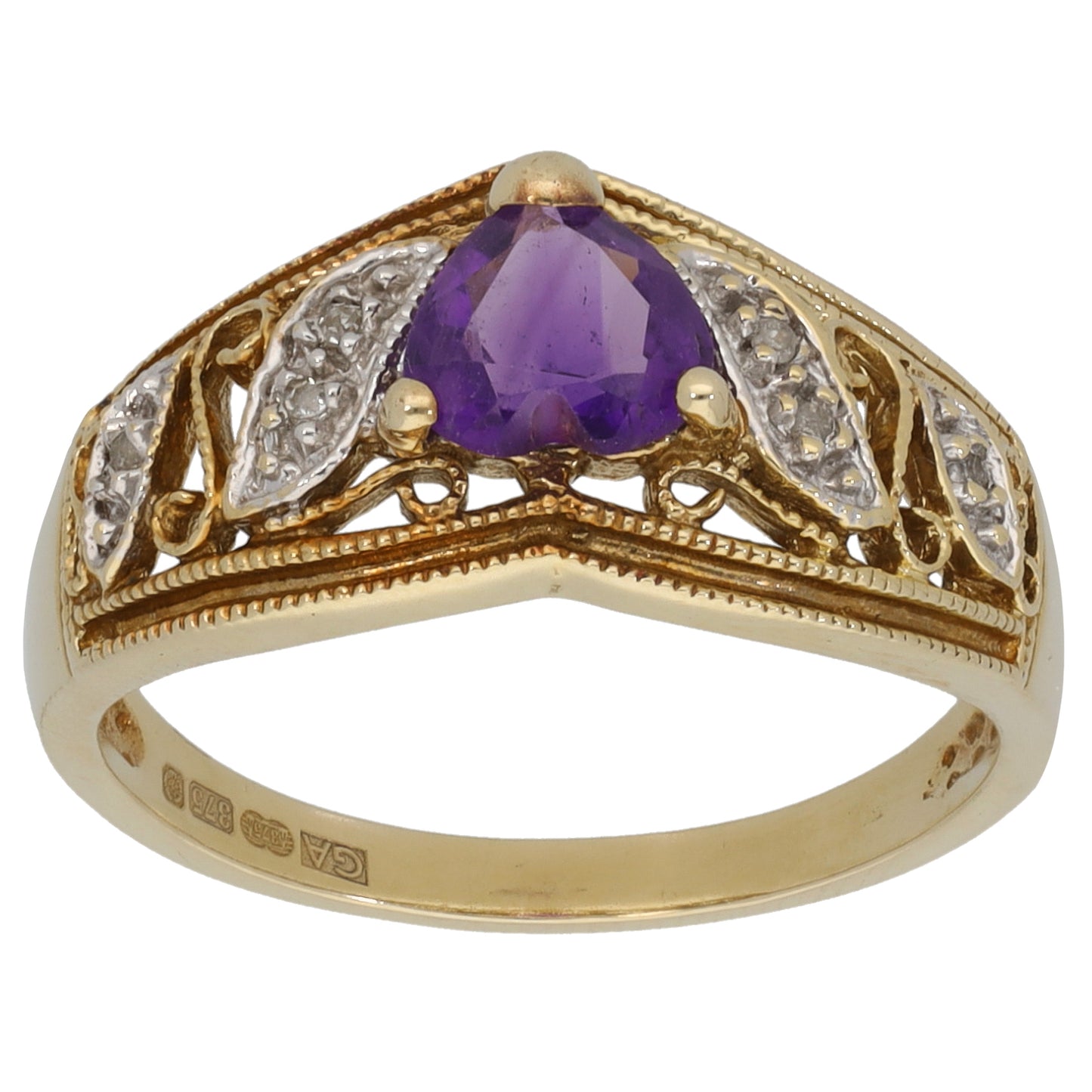 9ct Gold 0.06ct Diamond & Amethyst Dress/Cocktail Ring Size O