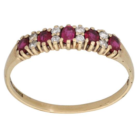 9ct Gold Ruby & 0.10ct Diamond Half Eternity Ring Size O