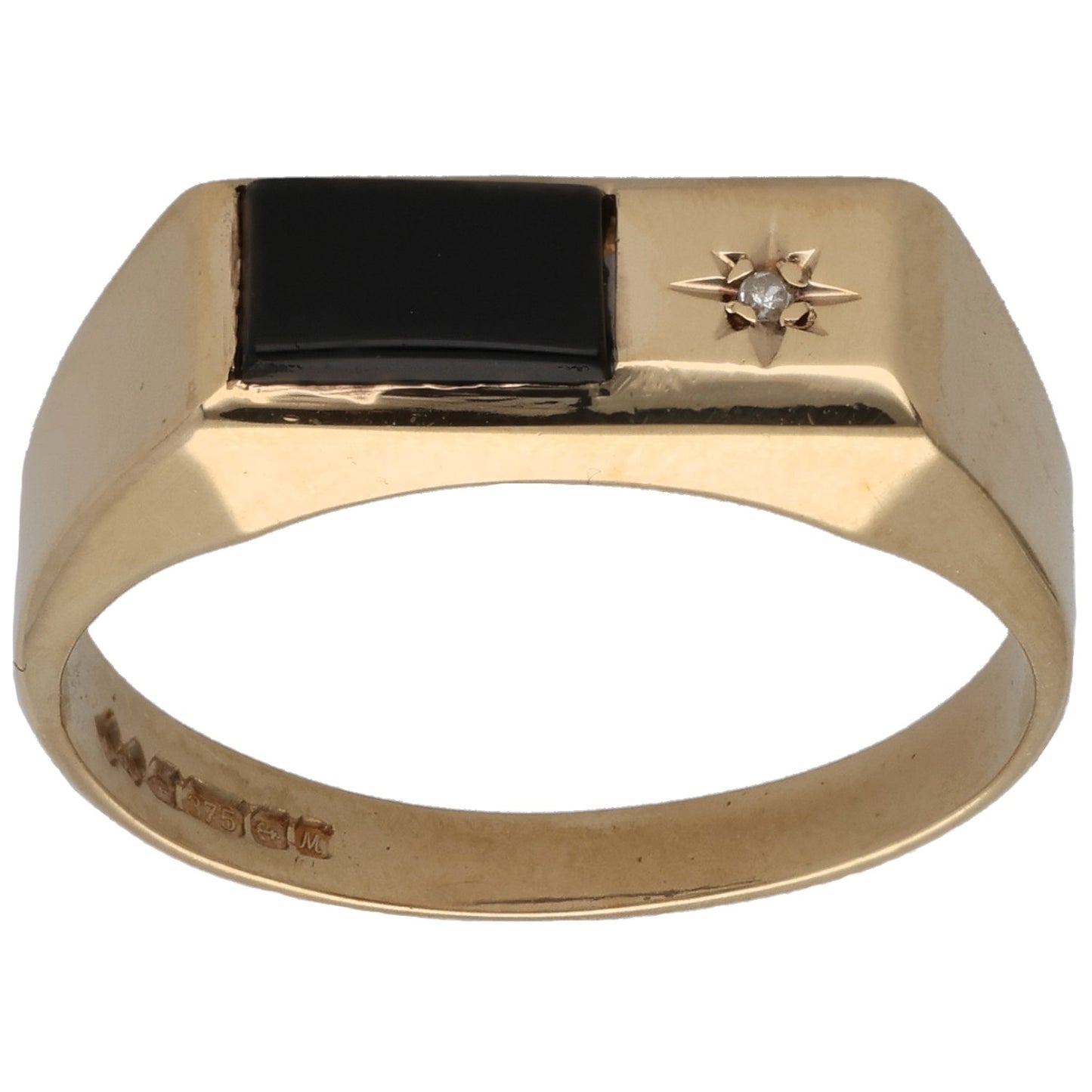 9ct Gold Onyx & 0.005ct Diamond Signet Ring Size R