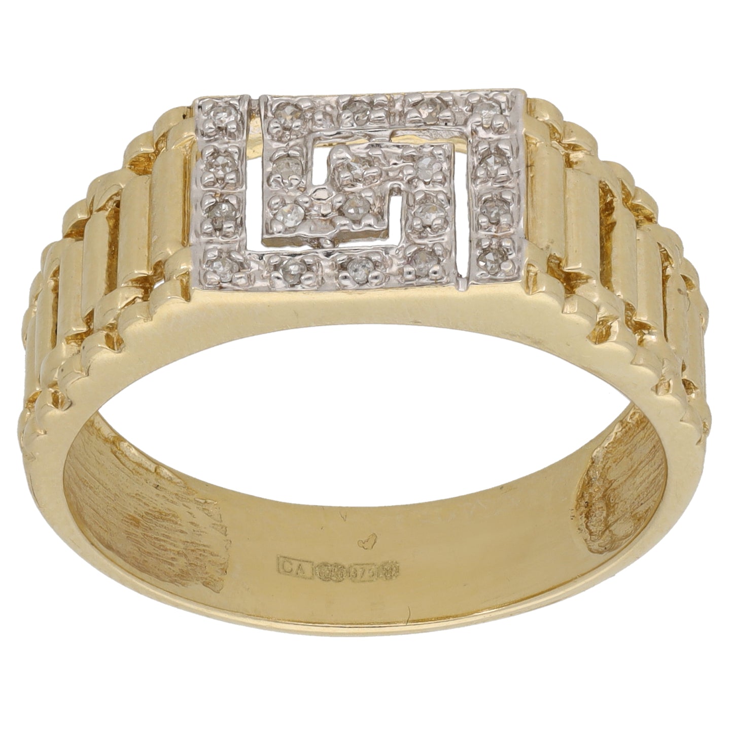 9ct Gold 0.10ct Diamond Patterned Signet Ring Size Z