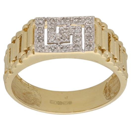 9ct Gold 0.10ct Diamond Patterned Signet Ring Size Z