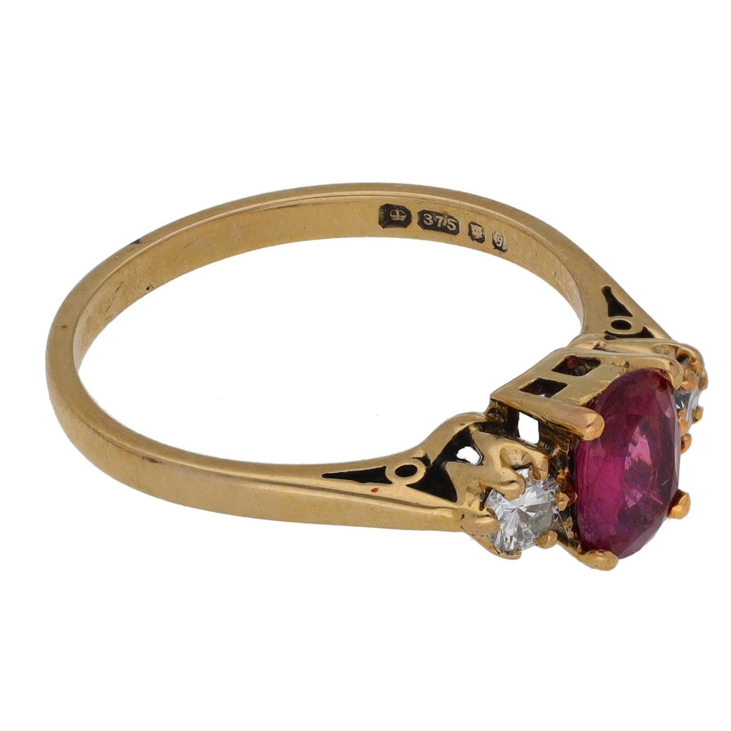 9ct Gold Diamond & Ruby Three Stone Ring Size O
