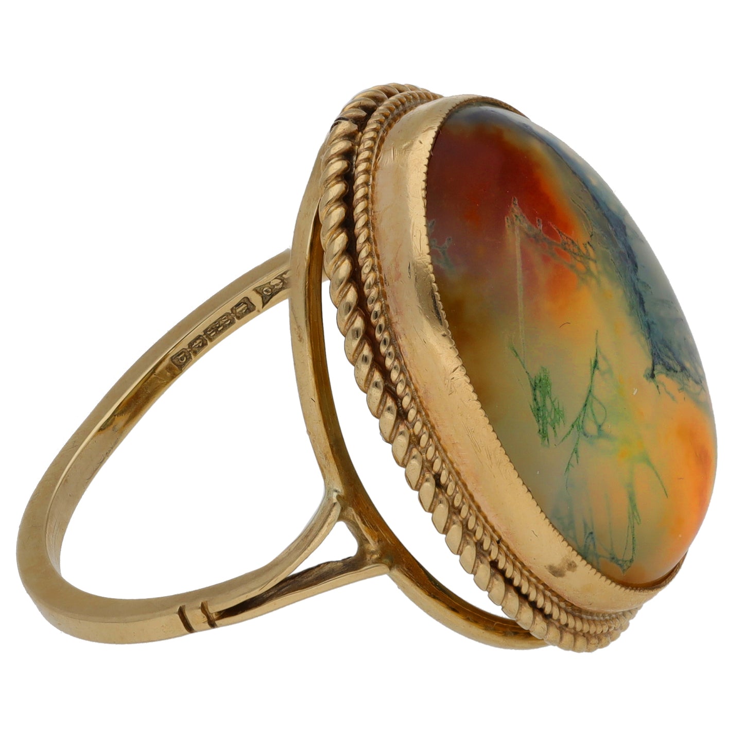 9ct Gold Moss Agate Single Stone Ring Size M