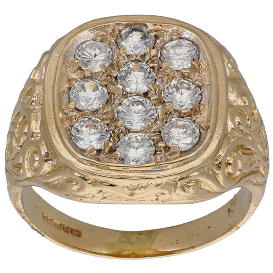9ct Gold Cubic Zirconia Patterned Signet Ring Size T