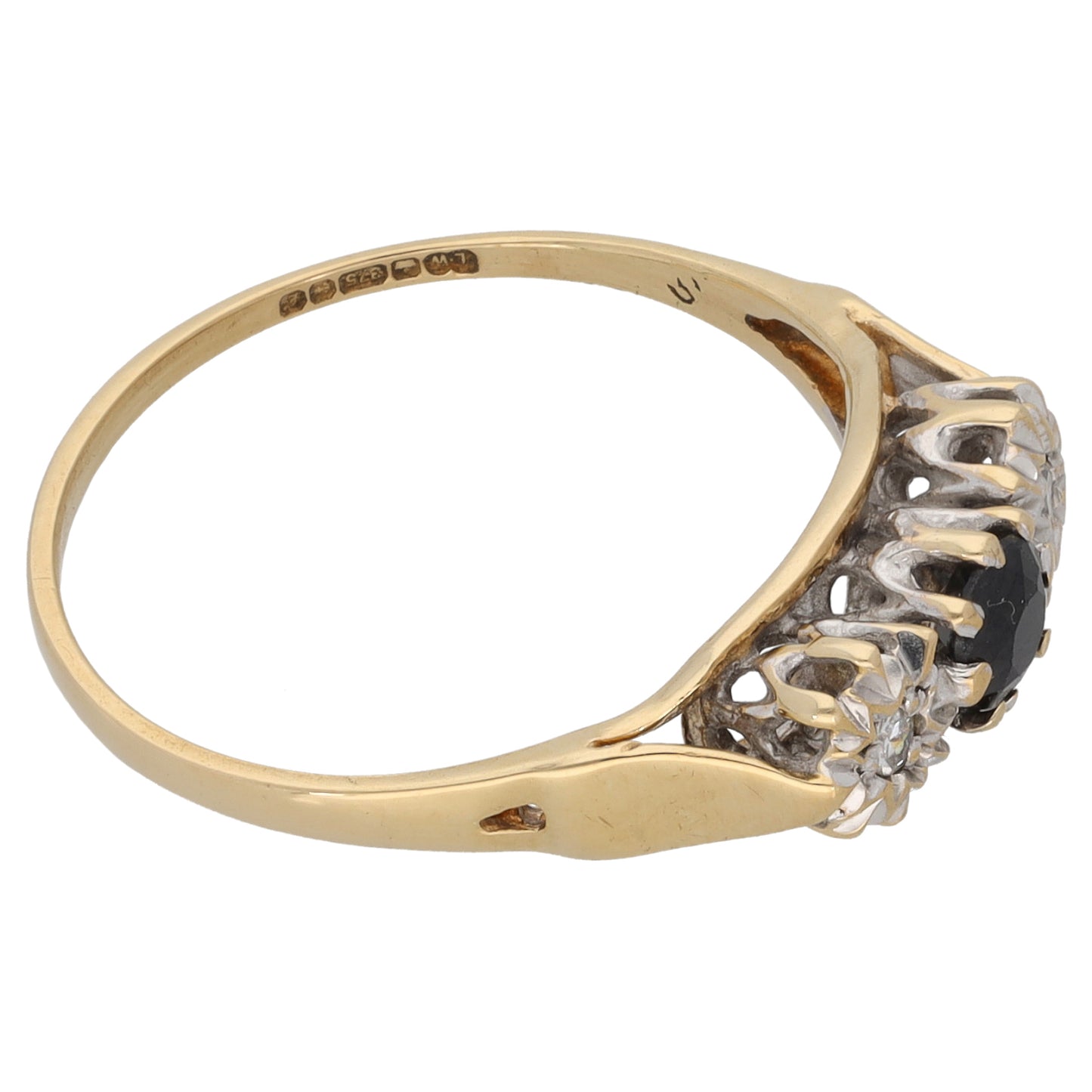 9ct Gold Sapphire & 0.02ct Diamond Three Stone Ring Size O