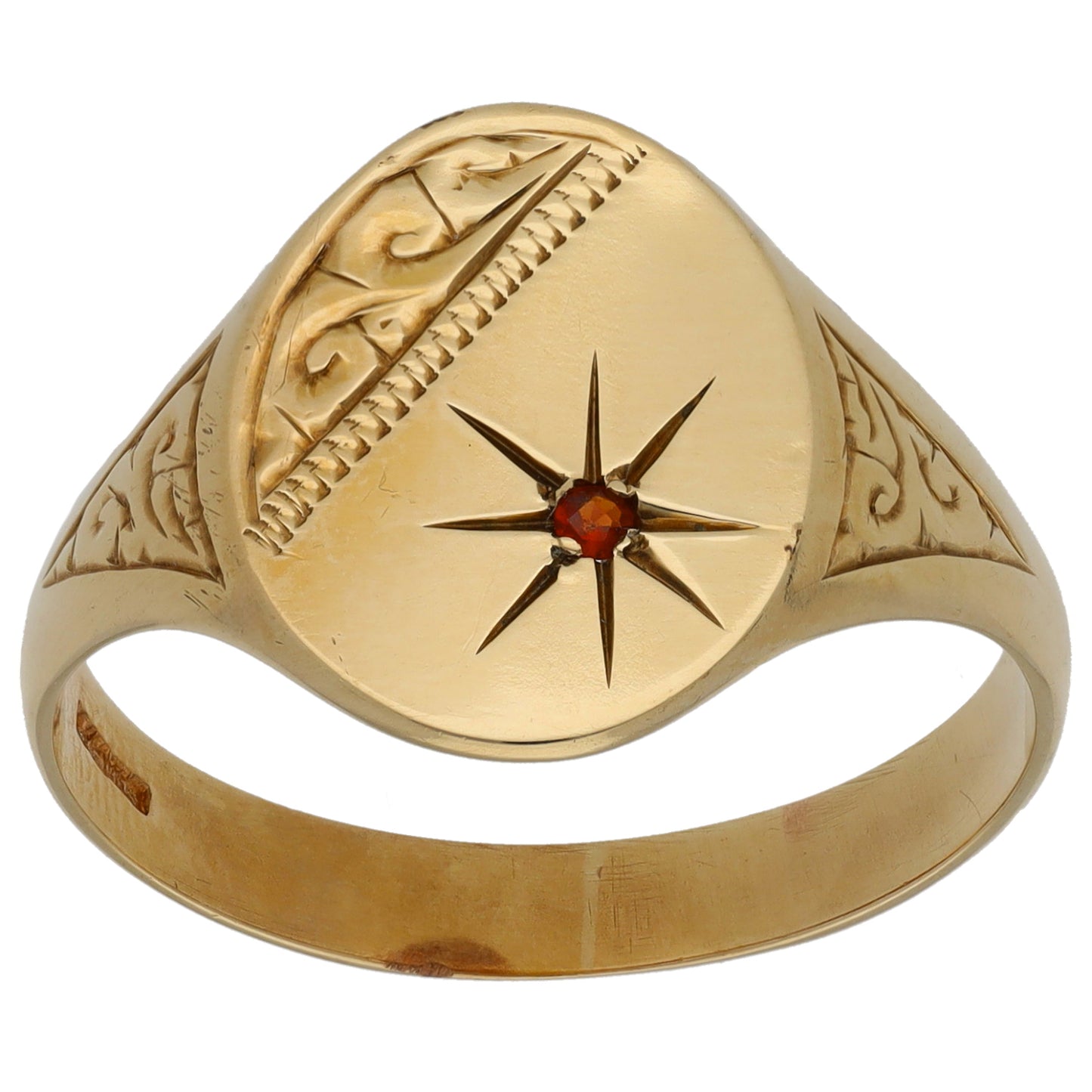 9ct Gold Imitation Gem Single Stone Patterned Signet Ring Size T