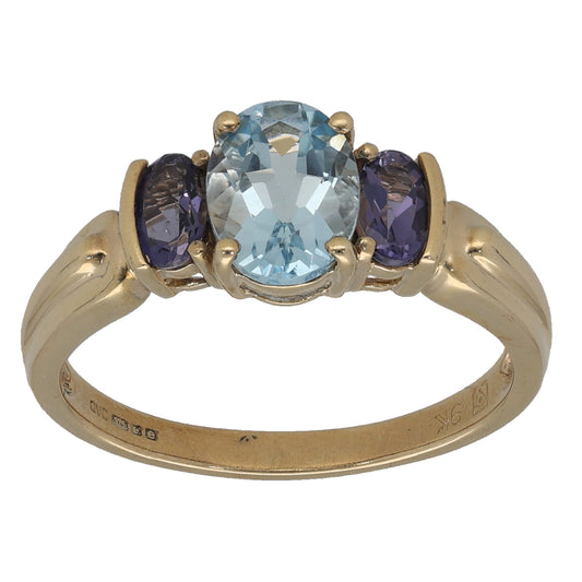 9ct Gold Aquamarine & Iolite Trilogy Ring Size P